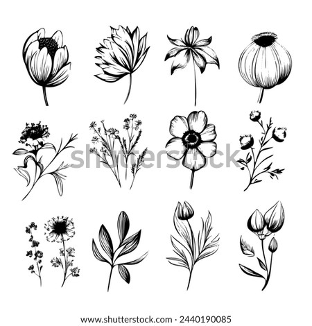 A set of black and white flowers with a variety of shapes and sizes. The flowers are arranged in a grid pattern, with some overlapping and others standing alone