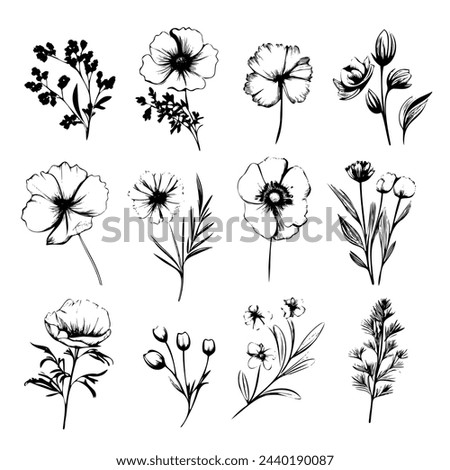 A set of black and white flowers with a variety of shapes and sizes. The flowers are arranged in a grid pattern, with some overlapping and others standing alone