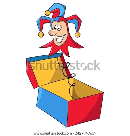 Jack-in-the-box Jester cartoon character popping out of a box, April fools style element