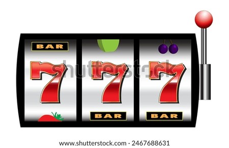 Slot machine with 777 on the reels, gambling or gaming concept, isolated on white background