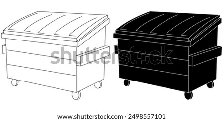 Black and white and white and black graphic of a dumpster bin