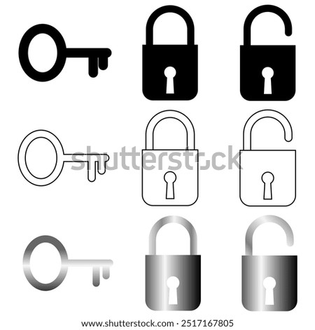 Set of padlocks or locks and key in silhouette, white with black outline and a gradient fill isolated on a transparent background