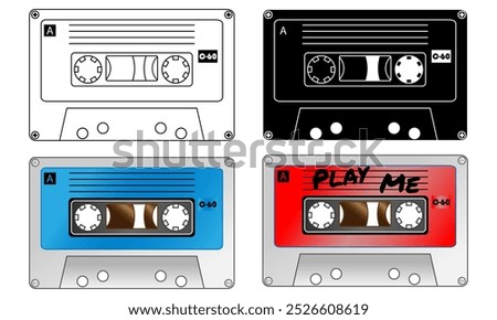 Old style vintage tape cassettes, retro cassette designs