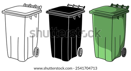 Set of 3 dimensional Wheelie Bin  vector elements in black and white and colour cartoon versions isolated on a white background