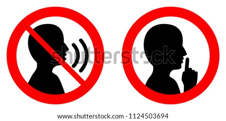 Keep quiet / silent please sign. Crossed person talking / Shhh icon in circle.