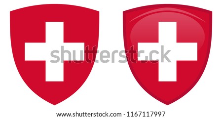 Switzerland coat of arms. White helvetic cross in red shield. Flat and 3d shaded version.