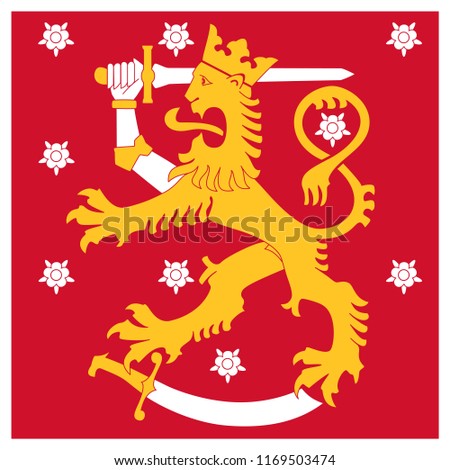 Finland Naval Jack flag, heraldic lion with sword walking on sabre, roses in background.