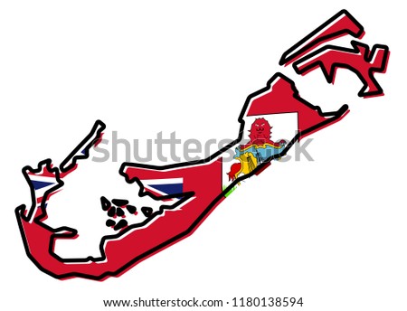 Simplified map of Bermuda outline, with slightly bent flag under it.