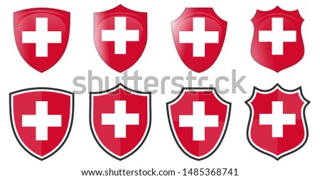 Switzerland flag in shield shape, four 3d and simple versions. Swiss icon / sign