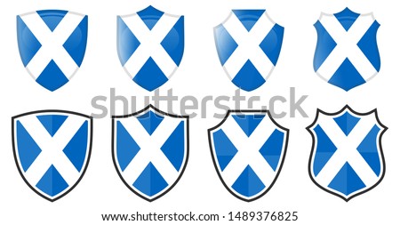 Scotland flag in shield shape, four 3d and simple versions. Scottish icon / sign