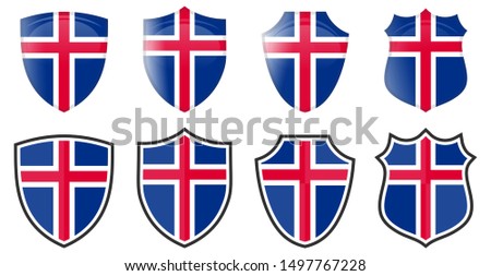 Vertical Iceland flag in shield shape, four 3d and simple versions. Icelandic icon / sign