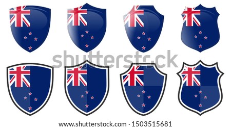 Vertical New Zealand flag in shield shape, four 3d and simple versions. Zealander icon / sign