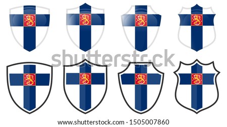 Vertical Finland flag in shield shape, four 3d and simple versions. Finnish icon / sign