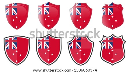 Vertical New Zealand red duster flag (civil ensign) in shield shape, four 3d and simple icons versions. 