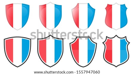 Vertical Luxembourg flag in shield shape, four 3d and simple versions.