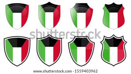 Vertical Kuwait flag in shield shape, four 3d and simple versions. 