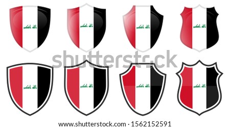 Vertical Iraq flag in shield shape, four 3d and simple versions. Iraqi icon / sign