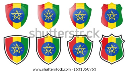 Vertical Ethiopia flag in shield shape, four 3d and simple versions. Ethiopian icon / sign