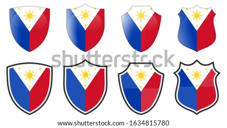 Vertical Philippines flag in shield shape, four 3d and simple versions. Filipino icon / sign
