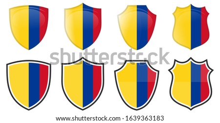 Vertical Colombia flag in shield shape, four 3d and simple versions. Colombian icon / sign