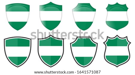 Vertical Nigeria flag in shield shape, four 3d and simple versions. Nigerian icon / sign