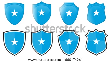 Vertical Somalia flag in shield shape, four 3d and simple versions. Somali icon / sign