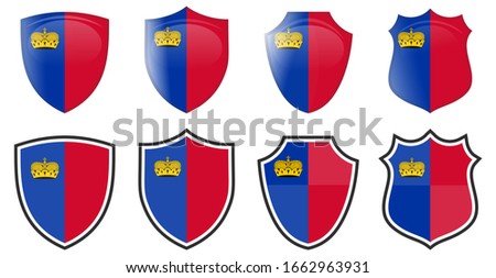 Vertical Liechtenstein flag in shield shape, four 3d and simple versions.