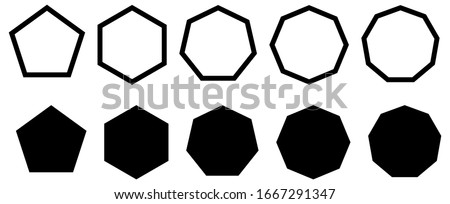 Set of simple polygons with five to nine sides. Filled and outline version