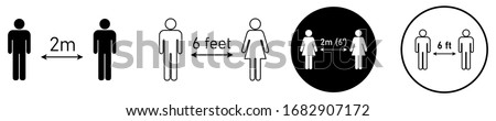 Social distancing set of icons. Simple man or woman black and white silhouettes with arrow distance between. Can be used during coronavirus covid-19 outbreak prevention 商業照片 © 