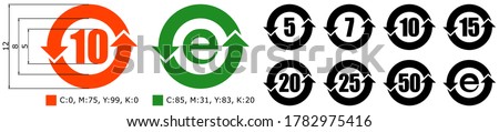 China RoHS - RoHS of Hazardous Substances, or Environment Friendly Use Period icons set (5 7 10 15 20 25 50 years and e symbol) with construction sheet