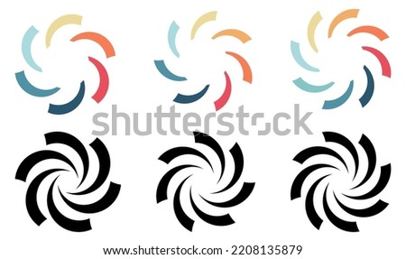 Circle arc cuts arranged in larger round, forming whirlpool swirl or fan blades like symbol,  version with six to eight elements