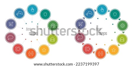 Ten circles each different color, connected with triangle arrows forming one larger circle - multiple steps process infographics