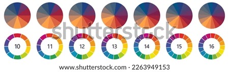 Circle  shape divided into colorful segments, version with 10 to 16 parts, can be used as infographics element