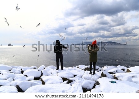People feeding seagulls and take photo with smart phone and snow view photos from Istanbul.