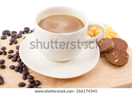Coffee cup and Chocolate cookies and Butter cookies on a white background , breakfast