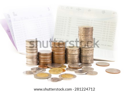 Thai baht Coins, saving account passbook, Book bank statement isolated on white background