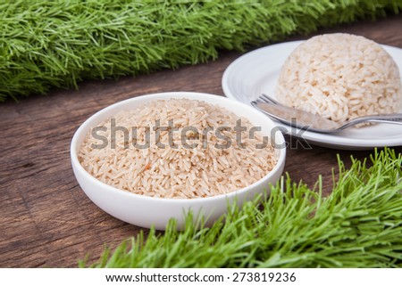 Raw jasmine brown rice in white bowl and background of cooked jasmine brown rice on white plate with spoon and fork on the side, on wooden table top decoration with green grass