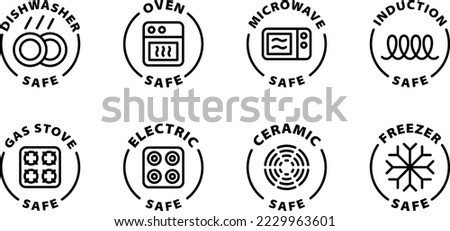 Dishwasher, appliances, oven, microwave, induction, gas, electric, freezer safe icons, icon set. Isolated vector black outline stamp label rounded badge product tag on transparent background. Symbols.