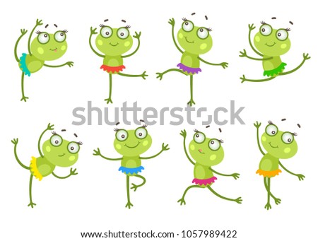 Set of dancing frogs. Cartoon character, happy and smiling animal. Nice for storyboard, posing, diet food, fitness and dancing club. Big eyes, long legs, good flexibility, green skin, colorful skirts