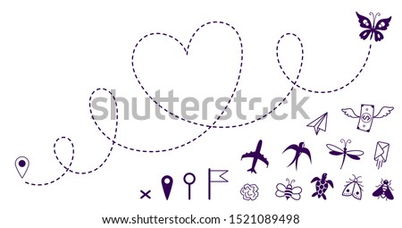 Airplane travel route line. Travel symbol, concept of romantic journey, valentine's day or business goals, launching startup. Set of dashed flight trace and icons of flying objects. Isolated on white