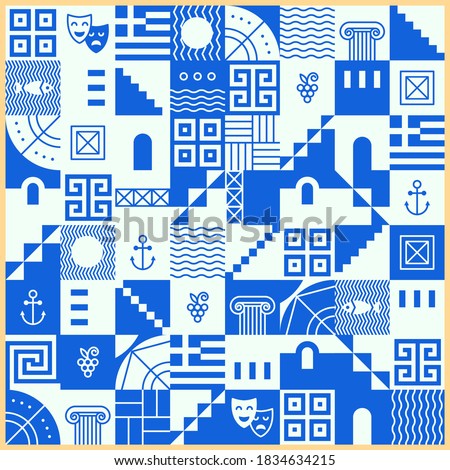 Greek pattern with square tiles, set of traditional symbols of Greece. Blue and white collection of travel icons, culture signs, city elements, simple combination of shapes and lines 