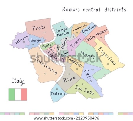 Rome map. Central districts of Rome, capital of Italy.  Trastevere, Monti, Trevi, Vatican, etc. Nice for tourists and guides. Clear hand drawn lettering, colorful style. All lines are editable stroke