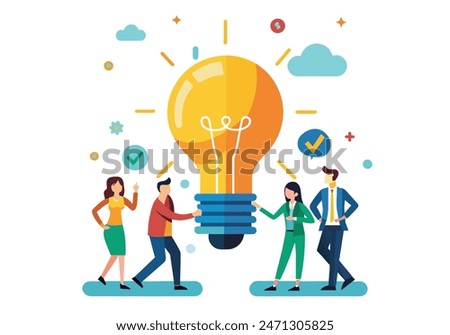 Innovation idea to drive team success, business innovative solution, community or invention help company achieve goal concept, business people teamwork help carry big smart lightbulb Hand drawn style 