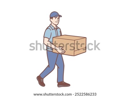 young man  workers carry cardboard boxes. Hand drawn style vector design illustrations.