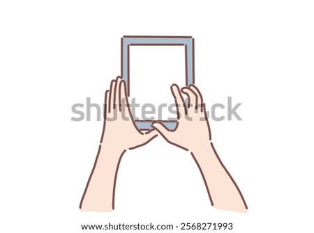 Businesswoman's hand holding a tablet computer with a white  screen. Hand drawn style vector design illustrations.