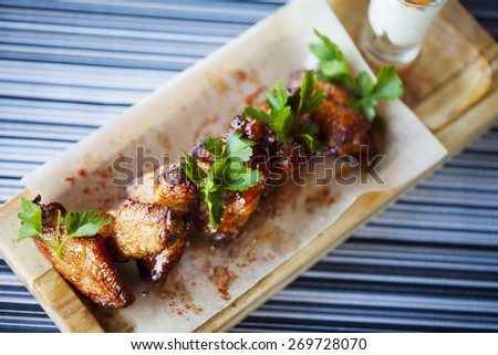 food chicken Chicken wings wood plate dish restaurant serving beautiful design