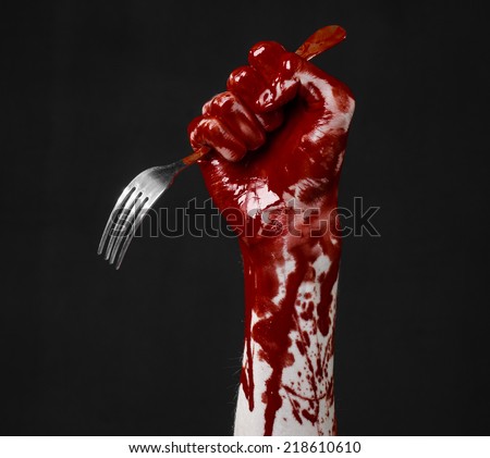 bloody hand holding a spoon, fork, halloween theme, bloody spoon, fork, black background, isolated