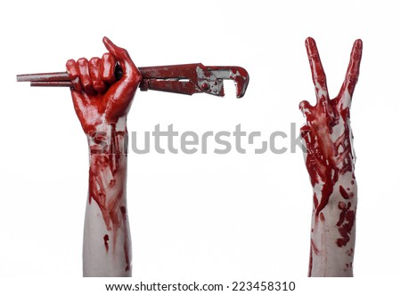 bloody hand holding an adjustable wrench, bloody key, crazy plumber, bloody theme, halloween theme, white background,isolated, bloody hand of an assassin, bloody murderer, psycho, bloody monkey wrench