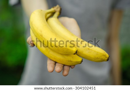 Vegetarians and fresh fruit and vegetables on the nature of the theme: human hand holding a bunch of bananas on a background of green grass