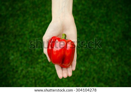 Vegetarians and fresh fruit and vegetables on the nature of the theme: human hand holding a red pepper on a background of green grass top view